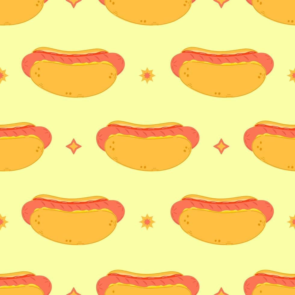 Cute funny hotdog pattern character. Vector hand drawn cartoon kawaii character illustration icon. Isolated on white background. Hot dog character concept