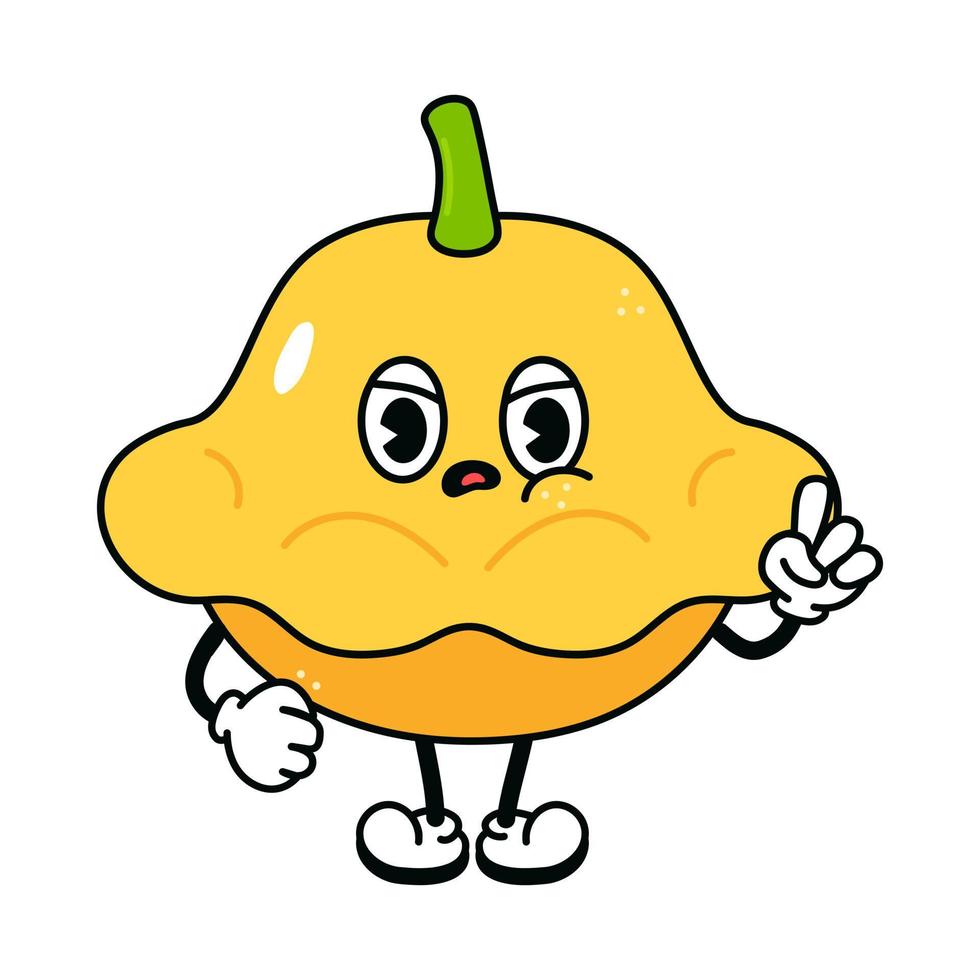 Cute angry sad yellow squash character. Vector hand drawn traditional cartoon vintage, retro, kawaii character illustration. Isolated on white background. Angry yellow squash character concept