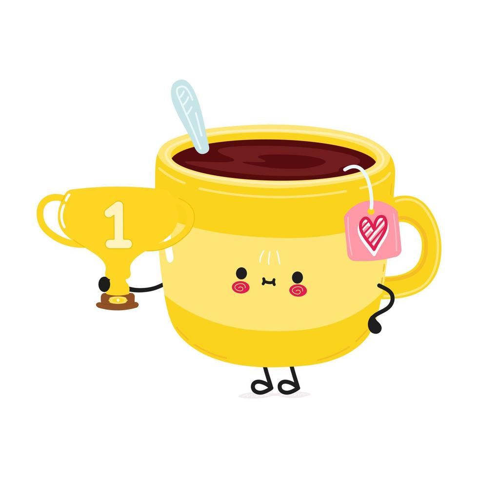 Cute funny yellow cup of tea hold gold trophy cup. Vector hand drawn cartoon kawaii character illustration icon. Isolated on white background. Yellow cup of tea with winner trophy cup