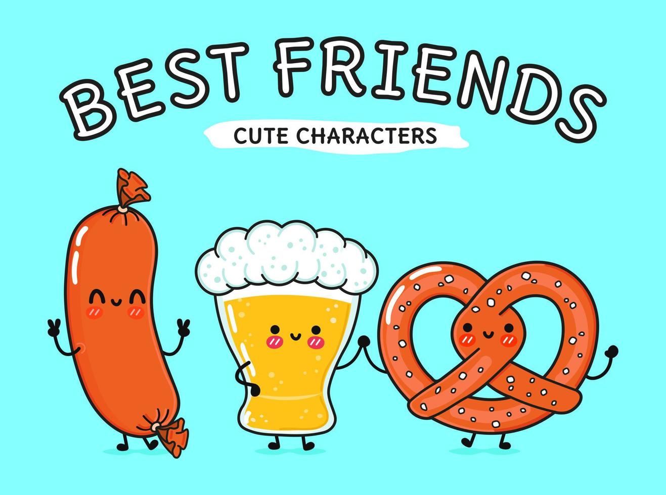 Cute, funny happy glass of beer, sausage and pretzel. Vector hand drawn cartoon kawaii characters, illustration icon. Funny cartoon glass of beer, sausage and pretzel mascot friends concept