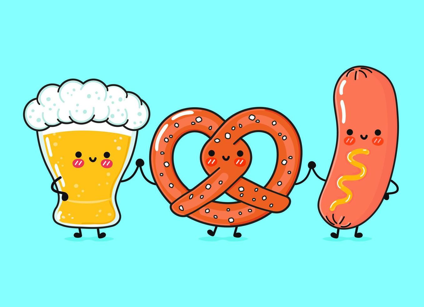 lindo, divertido y feliz vaso de cerveza, pretzel y salchicha con mostaza. personajes de kawaii de dibujos animados dibujados a mano vectorial, ilustración. divertidos dibujos animados vaso de cerveza, pretzel y salchicha mostaza amigos mascota vector