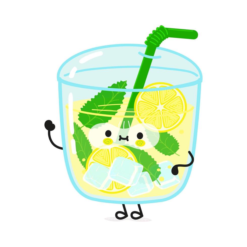 Cute funny lemonade waving hand character. Vector hand drawn cartoon kawaii character illustration icon. Isolated on white background. Lemonade character concept