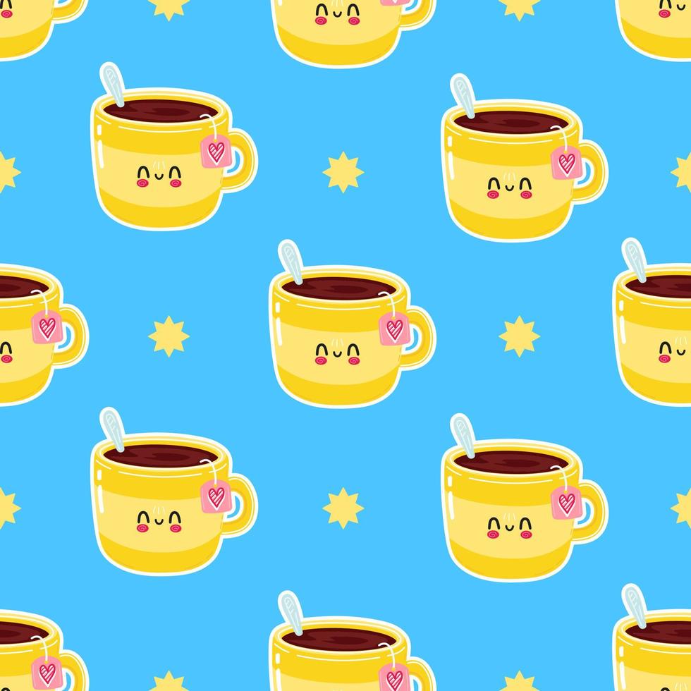 Cute funny yellow cup of tea pattern blue character. Vector hand drawn cartoon kawaii character illustration icon. Isolated on white background. Yellow cup of tea character concept