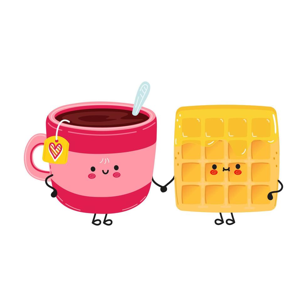 Cute happy cup of tea and waffle card. Vector hand drawn doodle style cartoon character illustration icon design. Happy cup of tea and waffle friends concept card