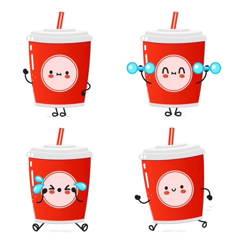 Funny cute happy red plastic cup cold drink cola and straw characters bundle set. Vector hand drawn doodle style cartoon character illustration. Cute plastic cup cold drink mascot character collection