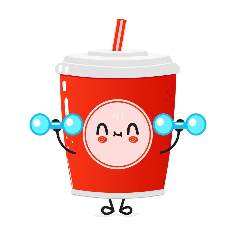 lindo divertido vaso de plástico rojo bebida fría cola y pesas de carácter de paja. ilustración de personaje kawaii de dibujos animados dibujados a mano vectorial. fondo aislado. vaso de plástico rojo bebida fría cola y paja gimnasio vector