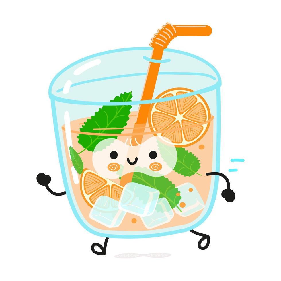 Cute funny running orange juice. Vector hand drawn cartoon kawaii character illustration icon. Isolated on white background. Run orange juice concept