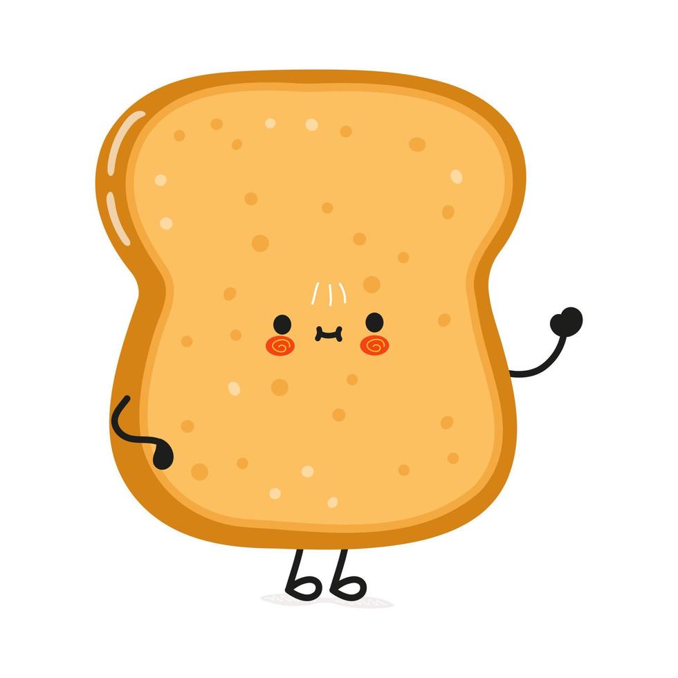 lindo y divertido pan tostado en rodajas que agita el personaje de la mano. icono de ilustración de personaje kawaii de dibujos animados dibujados a mano vectorial. aislado sobre fondo blanco. concepto de personaje de pan tostado en rodajas vector