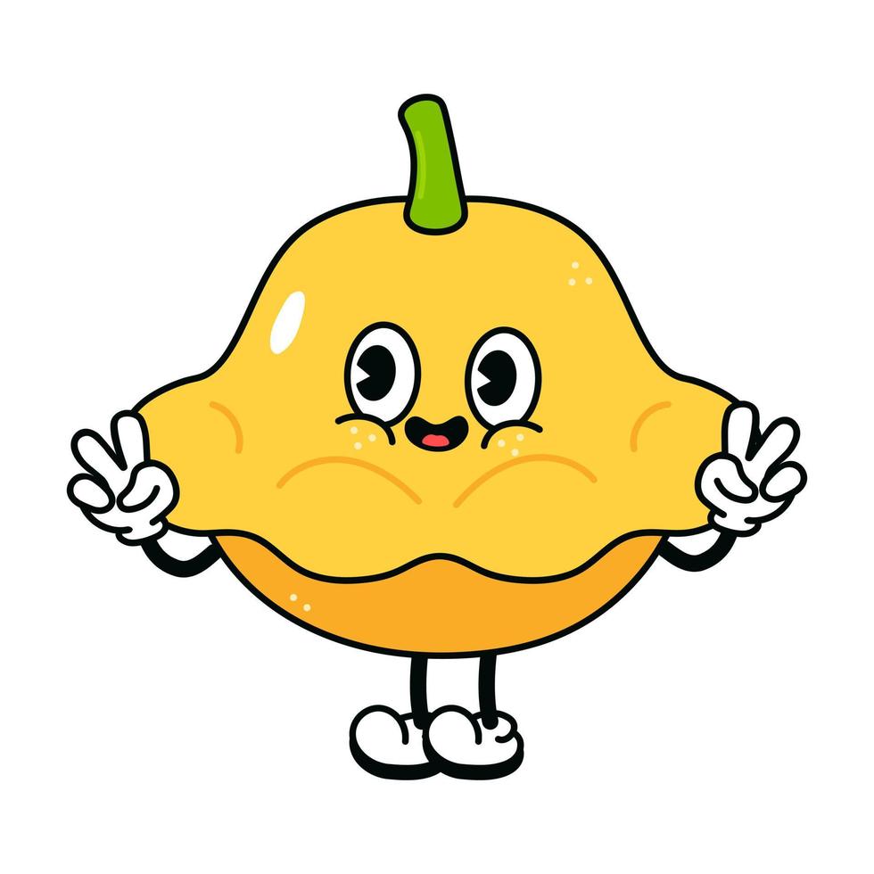 lindo y divertido personaje de mano que agita la calabaza amarilla. vector dibujado a mano dibujos animados tradicionales vintage, retro, icono de ilustración de carácter kawaii. aislado sobre fondo blanco. personaje de calabaza amarilla