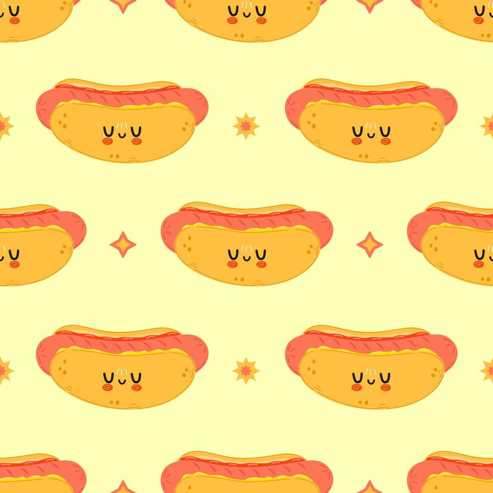 Cute funny hotdog pattern character. Vector hand drawn cartoon kawaii character illustration icon. Isolated on white background. Hot dog character concept