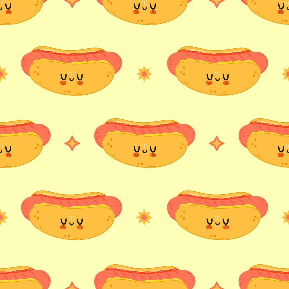 Cute funny hotdog pattern character. Vector hand drawn cartoon kawaii character illustration icon. Isolated on white background. Hot dog character concept