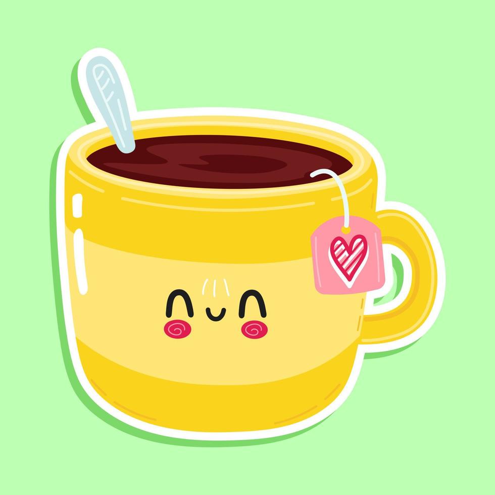 Cute funny yellow cup of tea sticker character. Vector hand drawn cartoon kawaii character illustration icon. Isolated on white background. Yellow cup of tea sticker