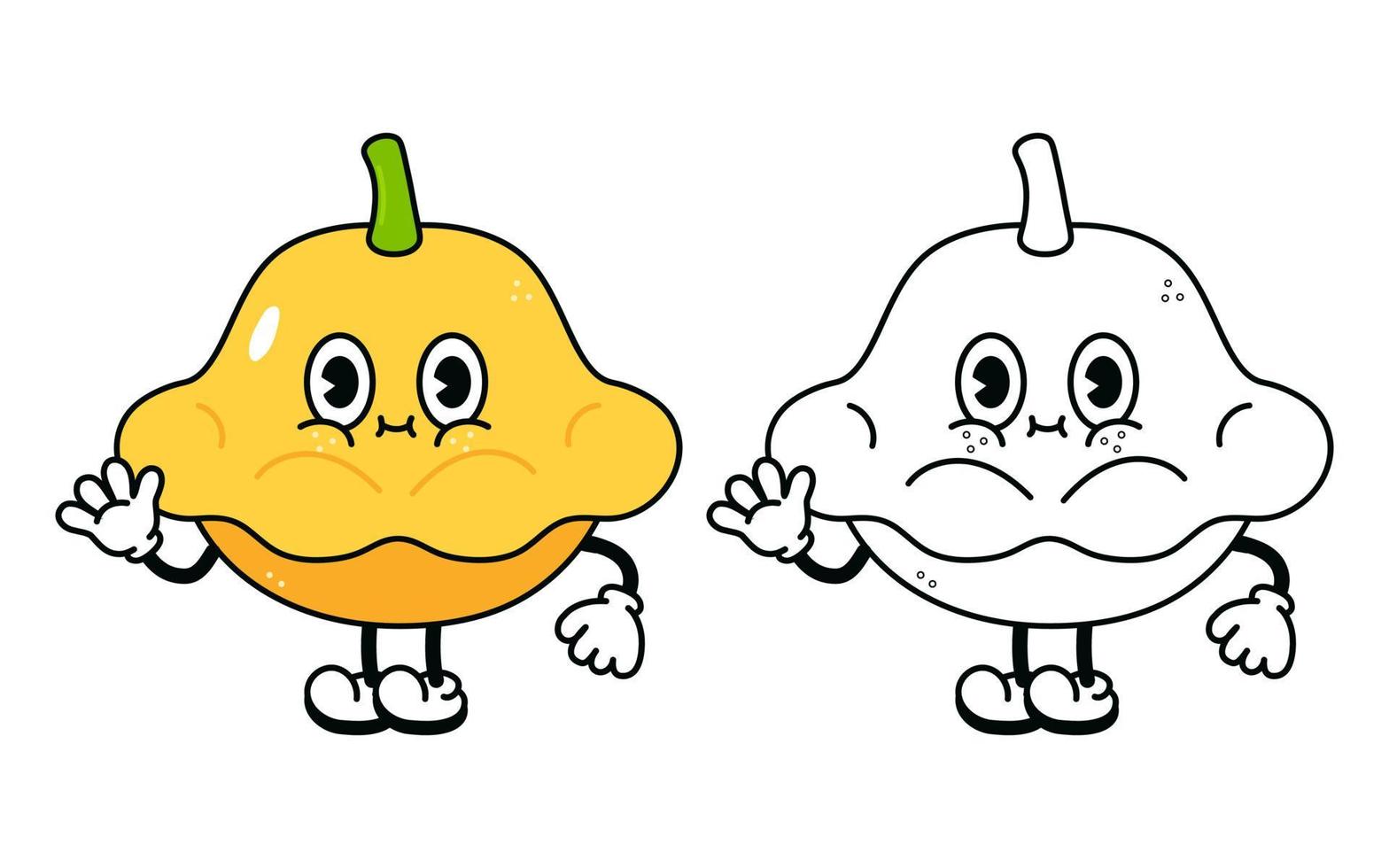 Cute funny yellow squash waving hand character outline cartoon illustration for coloring book. Vector yellow squash hand drawn traditional cartoon vintage, retro, character. Isolated white background