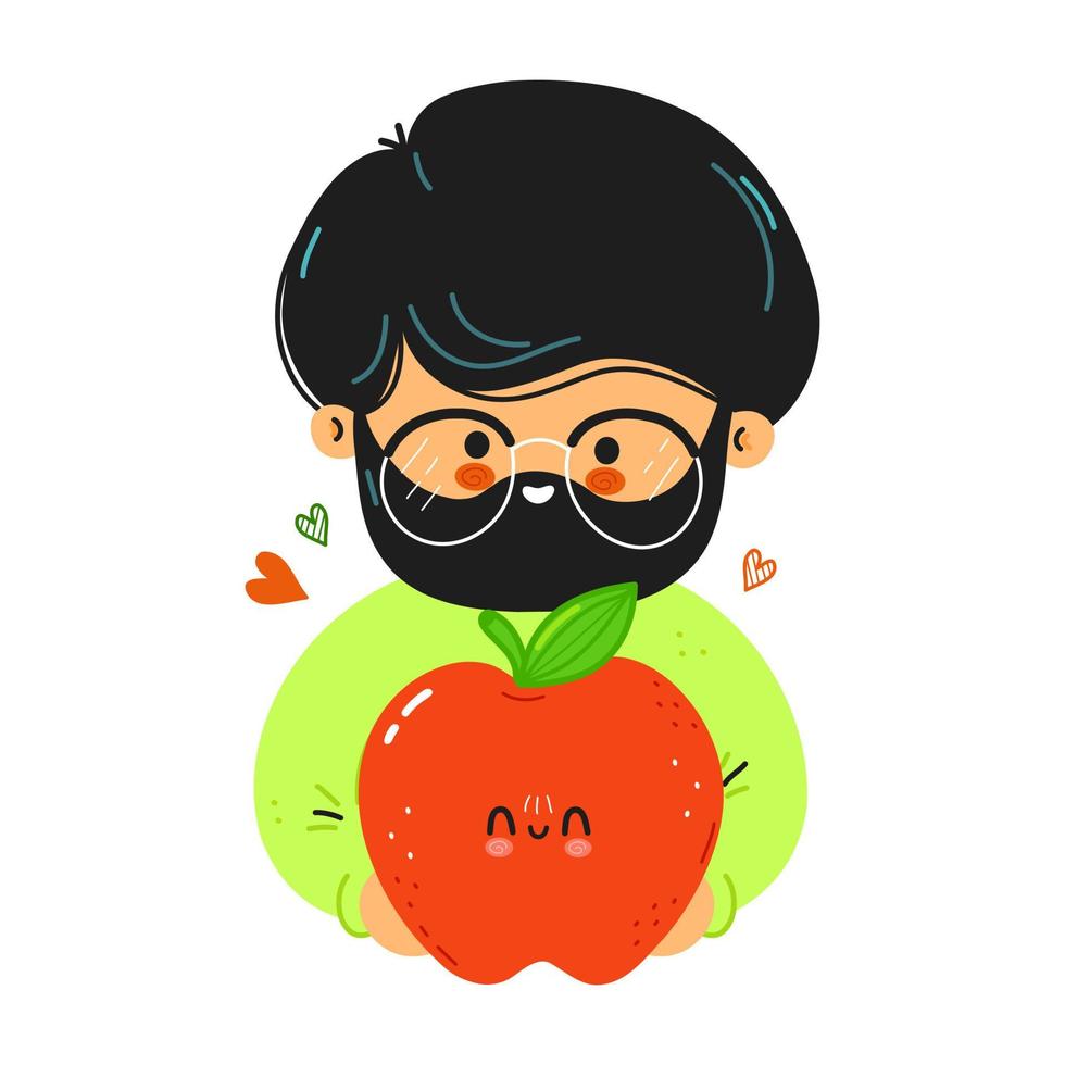 Young cute funny man hold red apple in hand. Young man hugs cute red apple. Vector hand drawn doodle style cartoon character illustration icon design. Isolated on white background