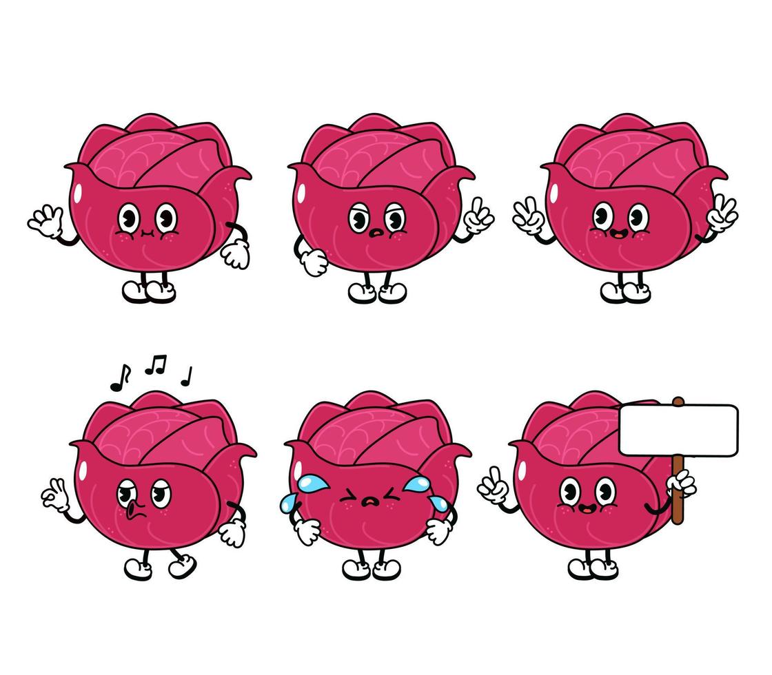 Funny cute red cabbage characters bundle set. Vector hand drawn doodle style traditional cartoon vintage, retro character illustration icon design. Isolated white background. Happy cabbage mascot