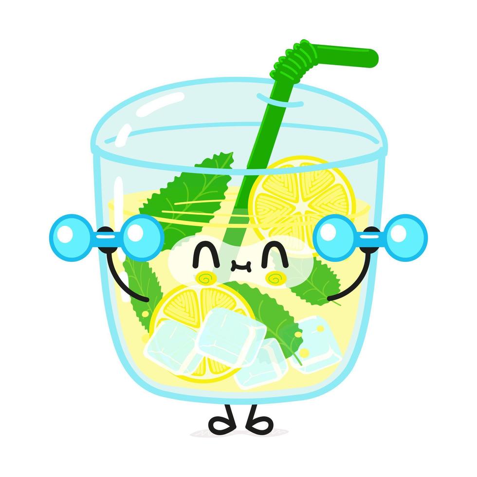 lindo personaje de limonada divertido con pesas. icono de ilustración de personaje kawaii de dibujos animados dibujados a mano vectorial. aislado sobre fondo blanco. concepto de gimnasio de personajes de limonada vector