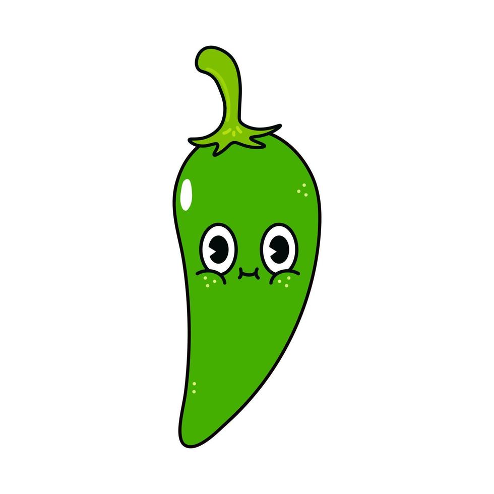 Cute funny green chili pepper character. Vector hand drawn traditional cartoon vintage, retro, kawaii character illustration icon. Isolated on white background. Chili pepper character concept