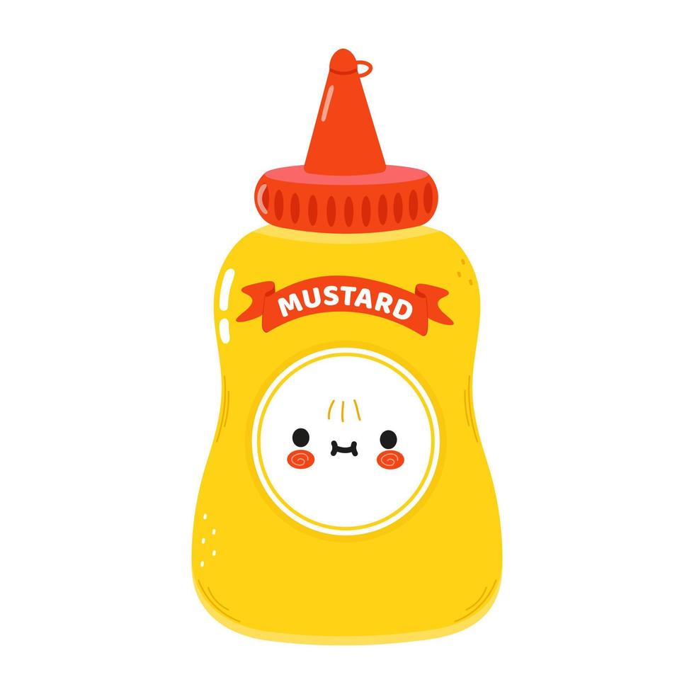 lindo personaje de mostaza divertido. icono de ilustración de personaje kawaii de dibujos animados dibujados a mano vectorial. aislado sobre fondo blanco. concepto de personaje de mostaza en botella vector