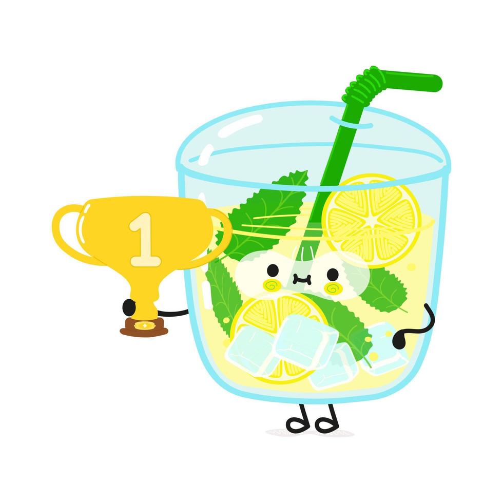 Cute funny lemonade hold gold trophy cup. Vector hand drawn cartoon kawaii character illustration icon. Isolated on white background. Lemonade with winner trophy cup