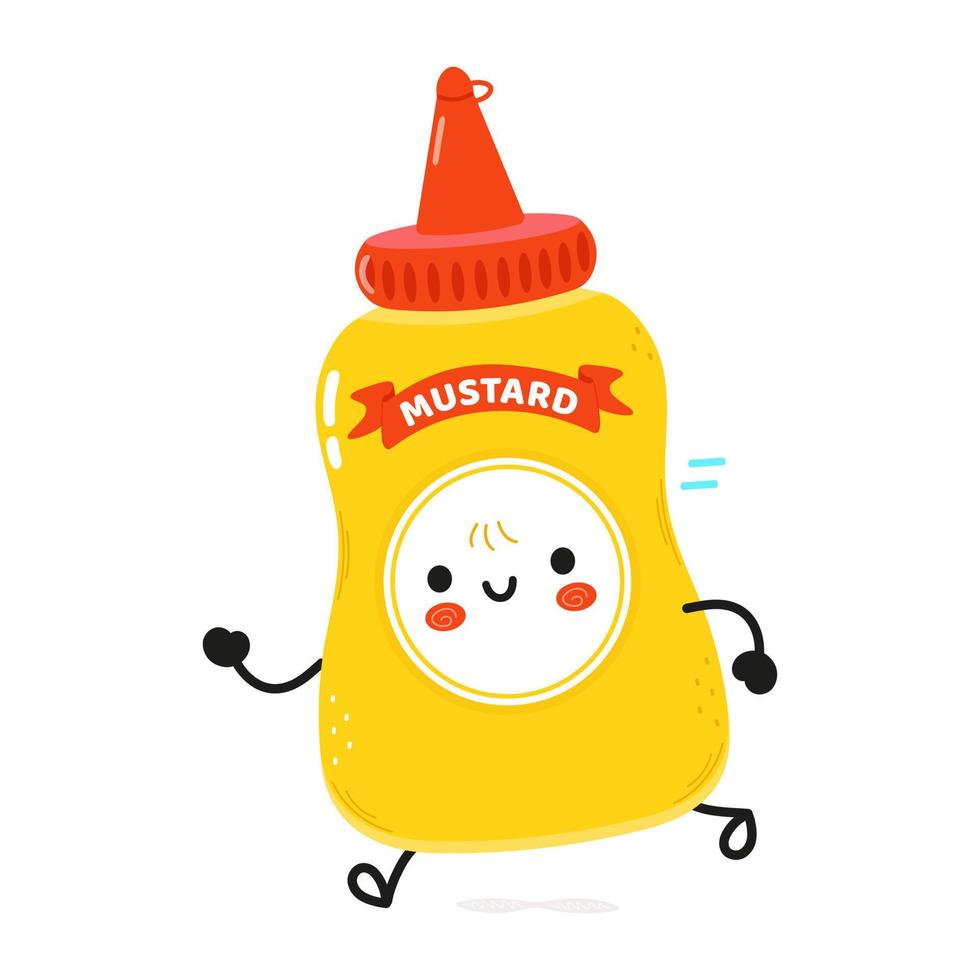 Cute funny running mustard. Vector hand drawn cartoon kawaii character illustration icon. Isolated on white background. Run mustard in bottle concept