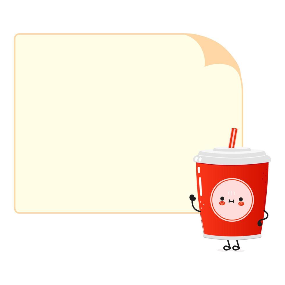 lindo divertido vaso de plástico rojo bebida fría cola y burbuja de habla de personaje de paja. icono de ilustración de personaje kawaii de dibujos animados dibujados a mano vectorial. fondo aislado. vaso de plástico rojo bebida fría cola paja vector