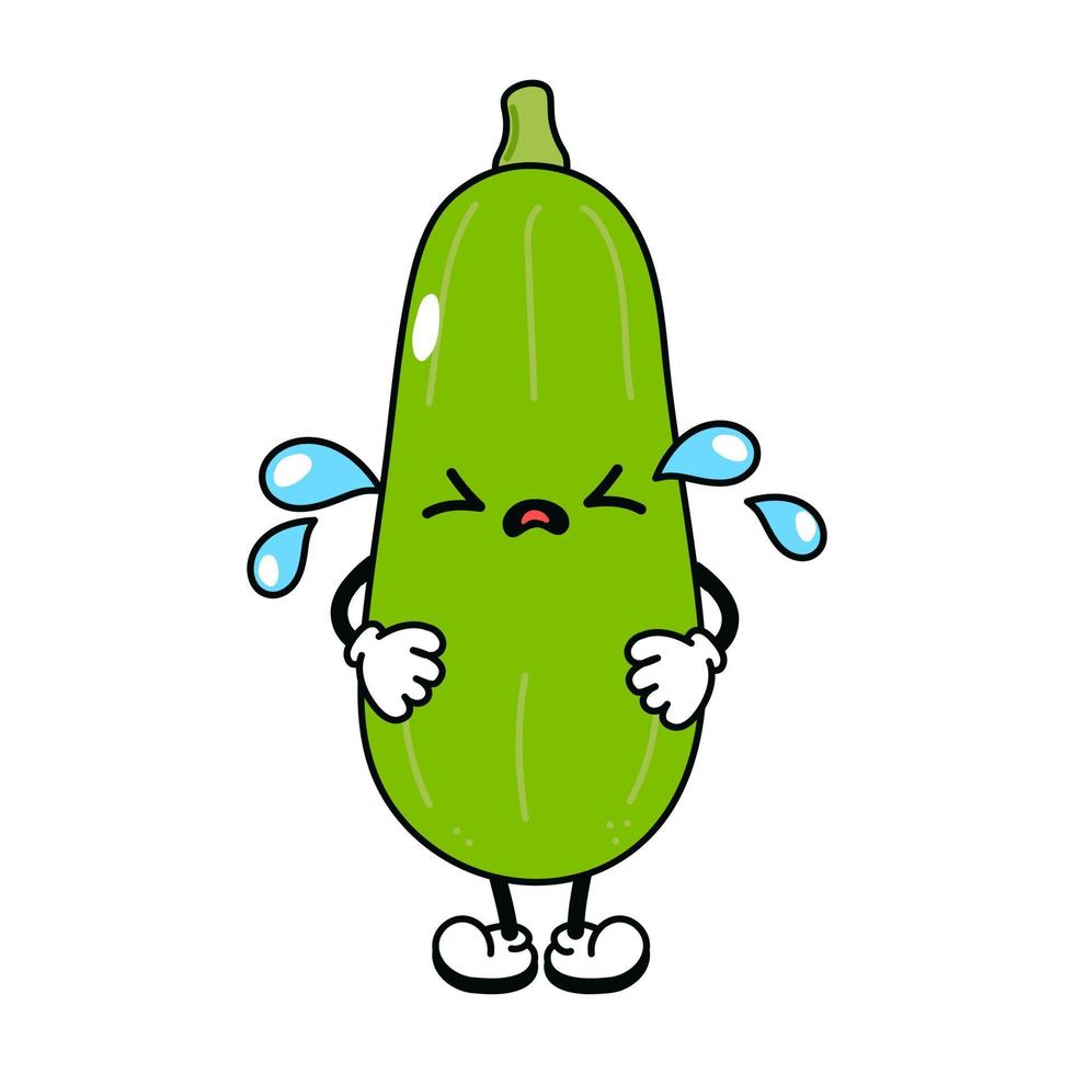 Cute funny crying sad vegetable marrow character. Vector hand drawn traditional cartoon vintage, retro,kawaii character illustration icon. Isolated white background. Cry vegetable marrow character