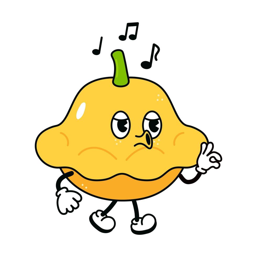 lindo y divertido personaje de canto caminando de calabaza amarilla. vector dibujado a mano dibujos animados tradicionales vintage, retro, icono de ilustración de carácter kawaii. fondo blanco aislado. calabaza amarilla caminar cantar