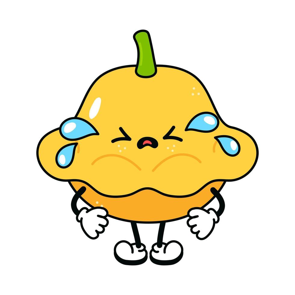 lindo gracioso llorando triste personaje de calabaza amarilla. vector dibujado a mano dibujos animados tradicionales vintage, retro, icono de ilustración de carácter kawaii. fondo blanco aislado. llorar personaje de calabaza amarilla