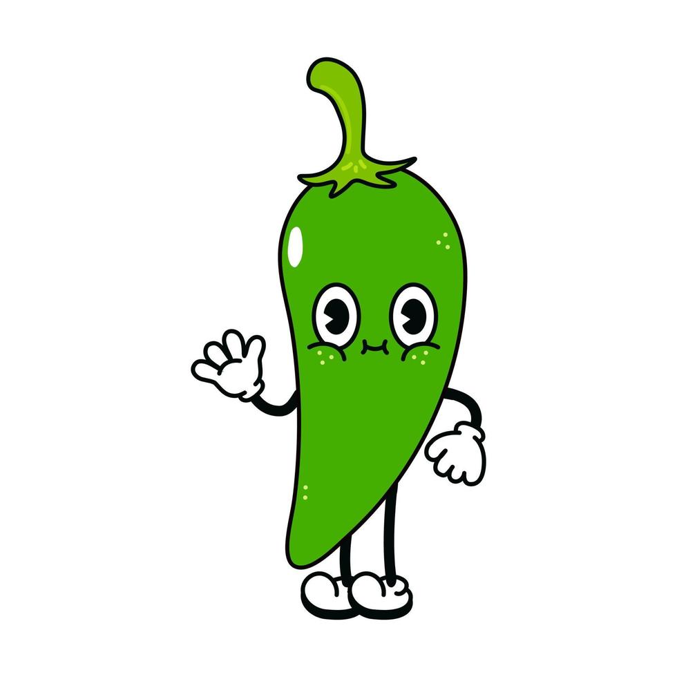 Cute funny green chili pepper waving hand character. Vector hand drawn traditional cartoon vintage, retro, kawaii character illustration. Isolated on white background. Green chili pepper character