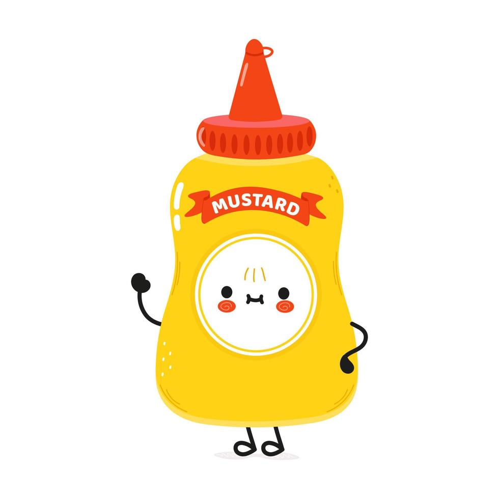 lindo y divertido personaje de mostaza agitando la mano. icono de ilustración de personaje kawaii de dibujos animados dibujados a mano vectorial. aislado sobre fondo blanco. concepto de personaje de mostaza en botella vector