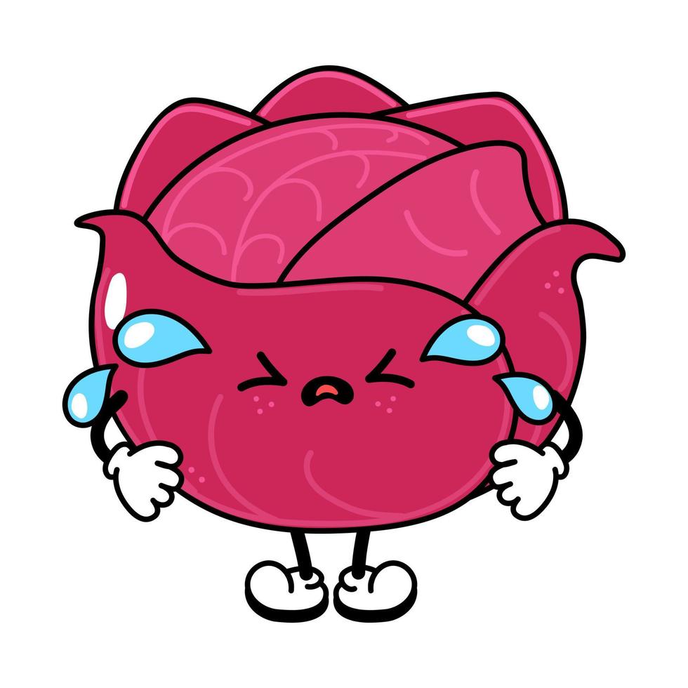 Cute funny crying sad red cabbage character. Vector hand drawn traditional cartoon vintage, retro, kawaii character illustration icon. Isolated on white background. Cry cabbage character concept