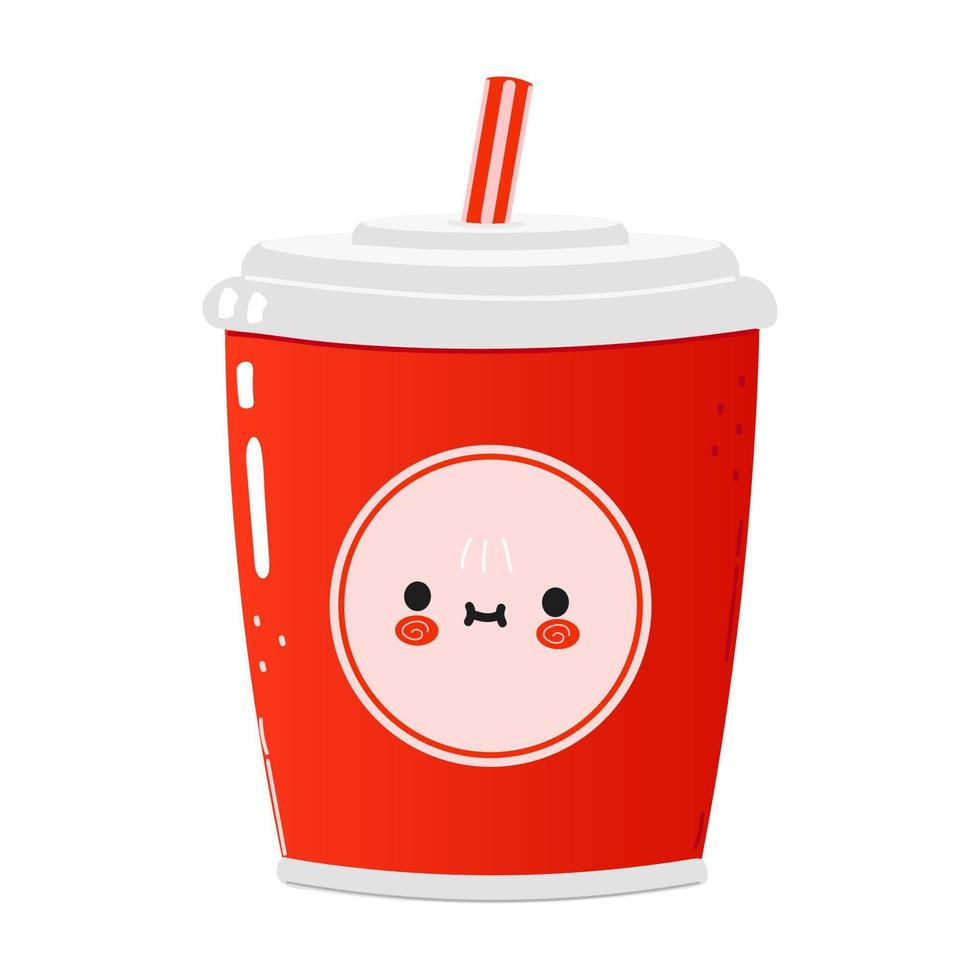 Cute funny red plastic cup cold drink cola and straw character. Vector hand drawn cartoon kawaii character illustration icon. Isolated on white background. Red plastic cup cold drink cola concept