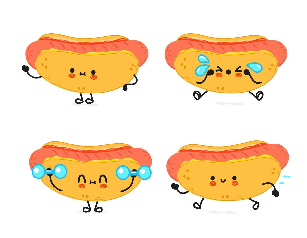 Funny cute happy hotdog characters bundle set. Vector hand drawn doodle style cartoon character illustration icon design. Cute hotdog mascot character collection