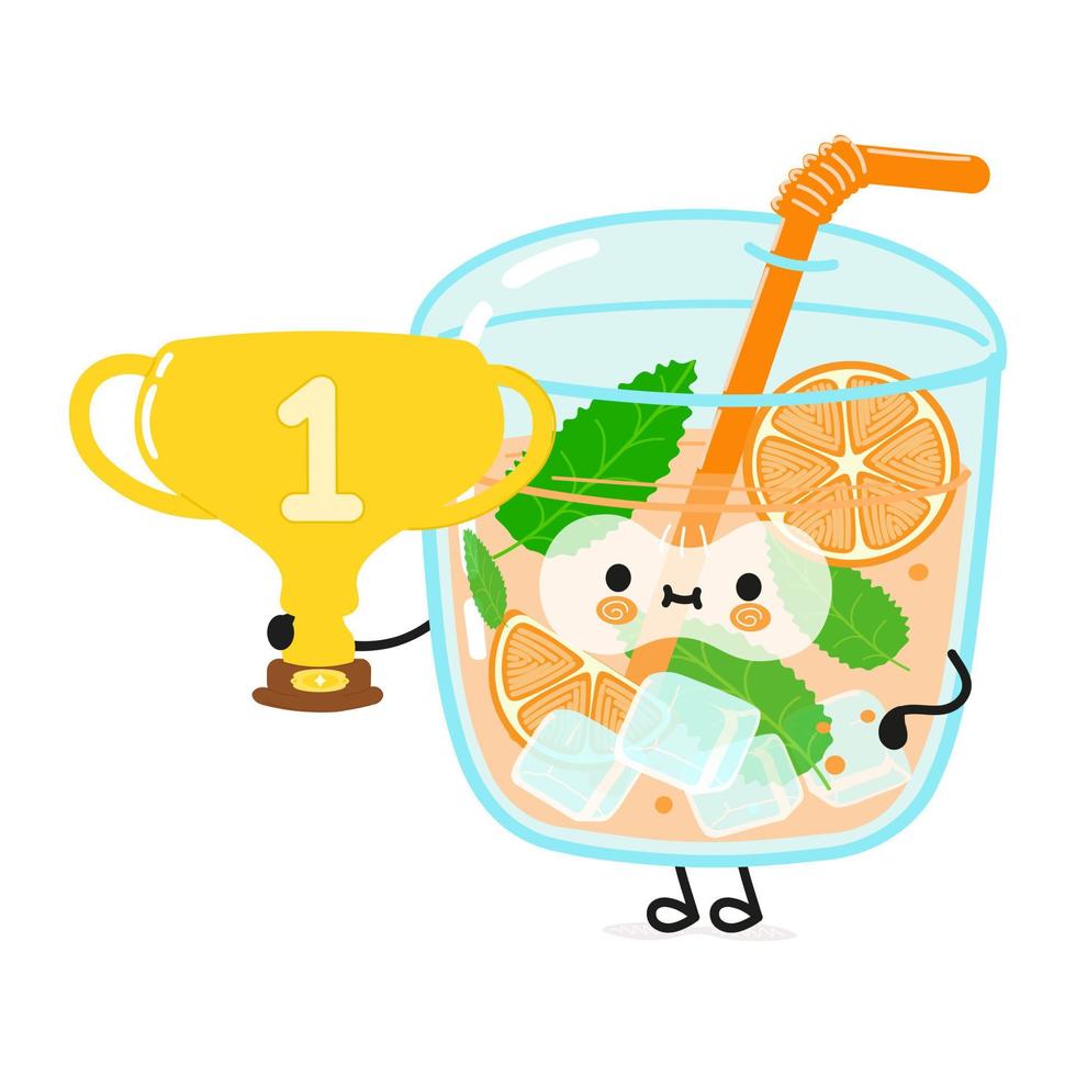 lindo jugo de naranja divertido sostener copa de trofeo de oro. icono de ilustración de personaje kawaii de dibujos animados dibujados a mano vectorial. aislado sobre fondo blanco. jugo de naranja con copa de trofeo ganador vector