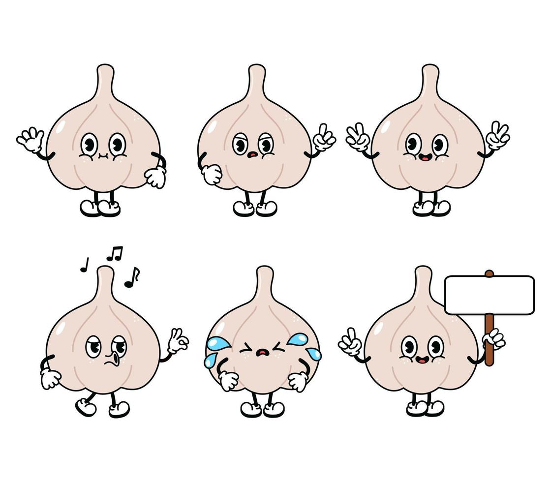 Funny cute garlic characters bundle set. Vector hand drawn doodle style traditional cartoon vintage, retro character illustration icon design. Isolated white background. Garlic characters