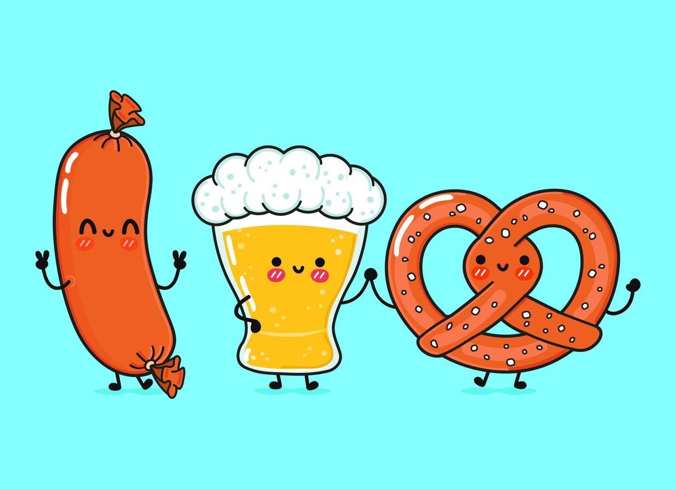 Cute, funny happy glass of beer, sausage and pretzel. Vector hand drawn cartoon kawaii characters, illustration icon. Funny cartoon glass of beer, sausage and pretzel mascot friends concept