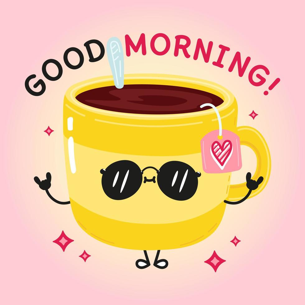 Cute funny yellow cup of tea good morning card. Vector hand drawn ...