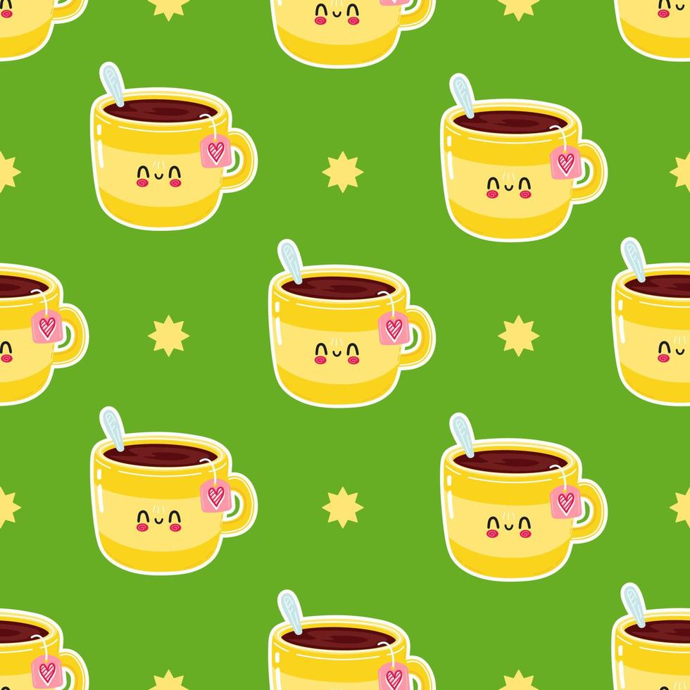 Linda taza amarilla divertida de patrón de té. icono de ilustración de personaje kawaii de dibujos animados dibujados a mano vectorial. aislado sobre fondo blanco. concepto de personaje de taza de té amarillo vector