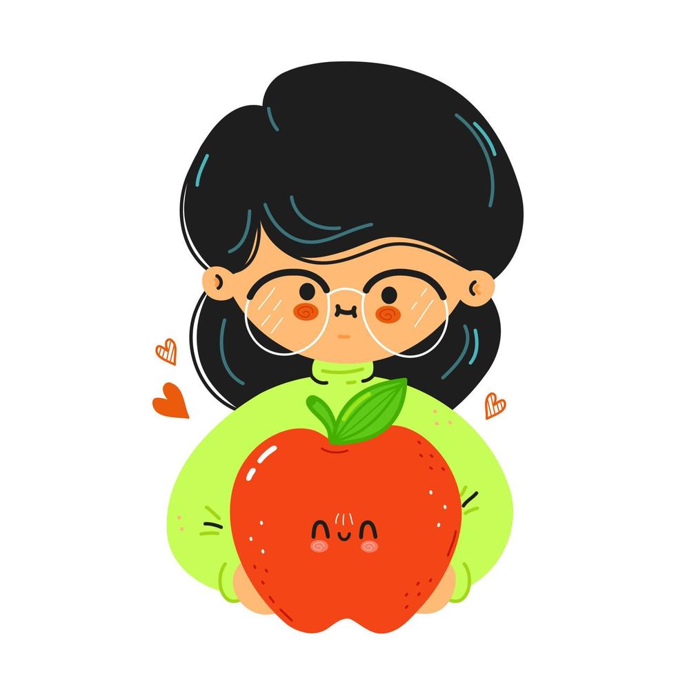 una joven linda y graciosa sostiene una manzana roja en la mano. mujer joven abraza linda manzana roja. diseño de icono de ilustración de personaje de dibujos animados de estilo de fideos dibujado a mano vectorial. aislado sobre fondo blanco vector