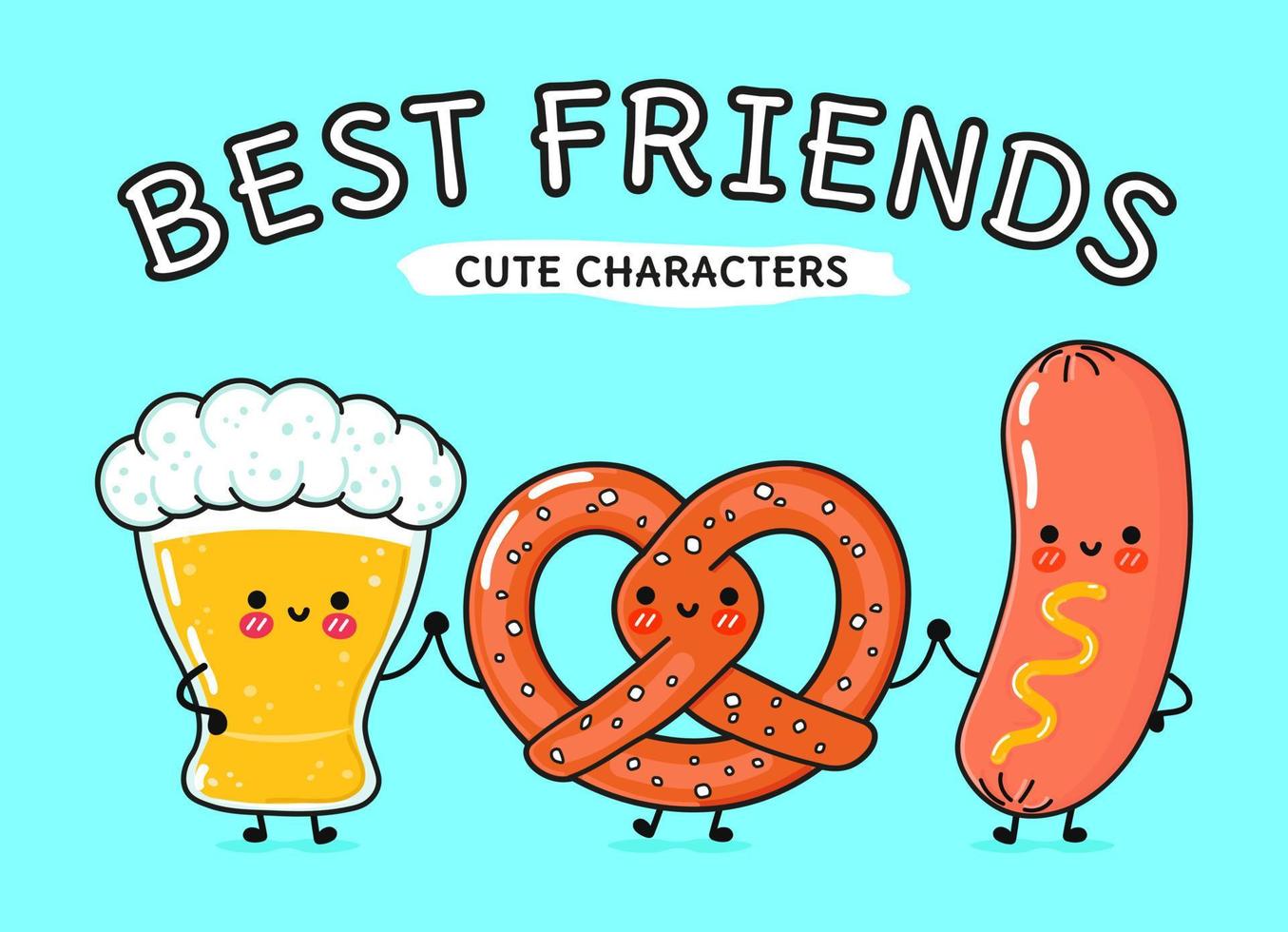 lindo, divertido y feliz vaso de cerveza, pretzel y salchicha con mostaza. personajes de kawaii de dibujos animados dibujados a mano vectorial, ilustración. divertidos dibujos animados vaso de cerveza, pretzel y salchicha mostaza amigos mascota vector