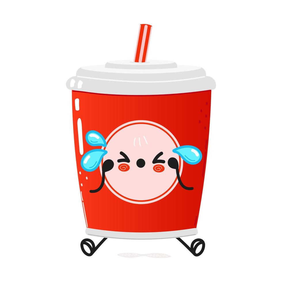 Cute sad red plastic cup cold drink cola and straw character. Vector hand drawn cartoon kawaii character illustration icon. Isolated on white background. Sad red plastic cup cold drink cola and straw
