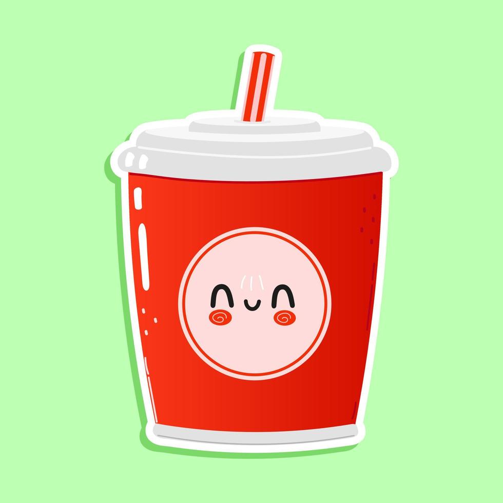 Cute funny red plastic cup cold drink cola straw sticker character. Vector hand drawn cartoon kawaii character illustration icon. Isolated white background. Red plastic cup cold drink cola concept