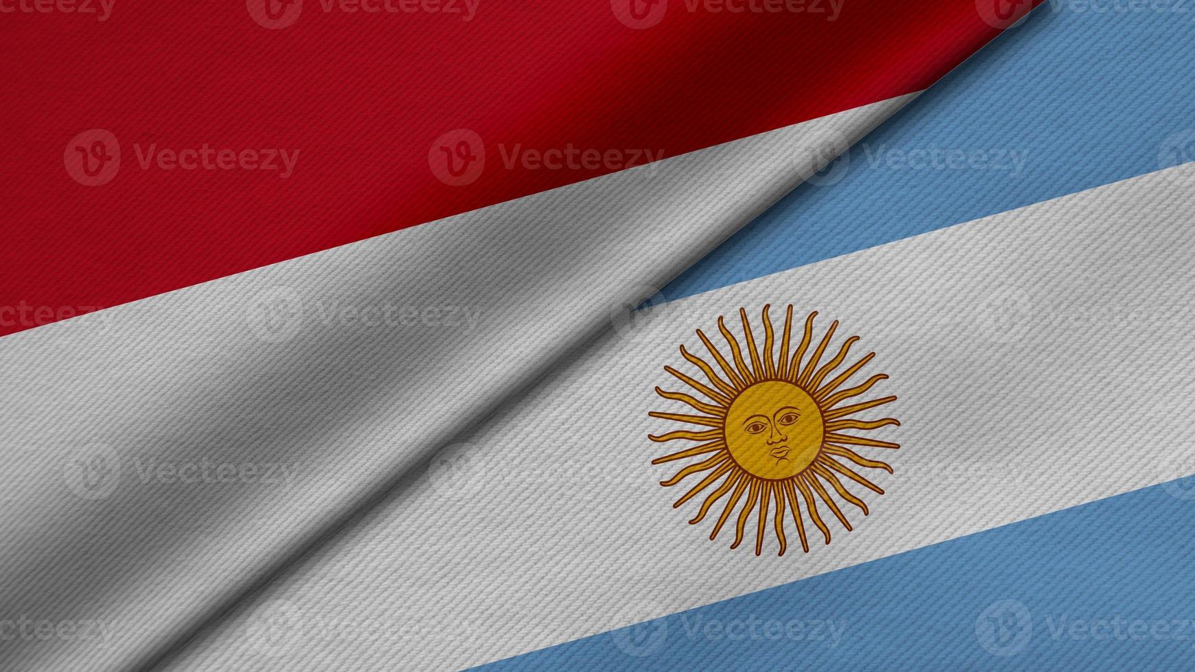 Representación 3d de dos banderas de la república de indonesia y la república argentina junto con textura de tela, relaciones bilaterales, paz y conflicto entre países, genial para el fondo foto