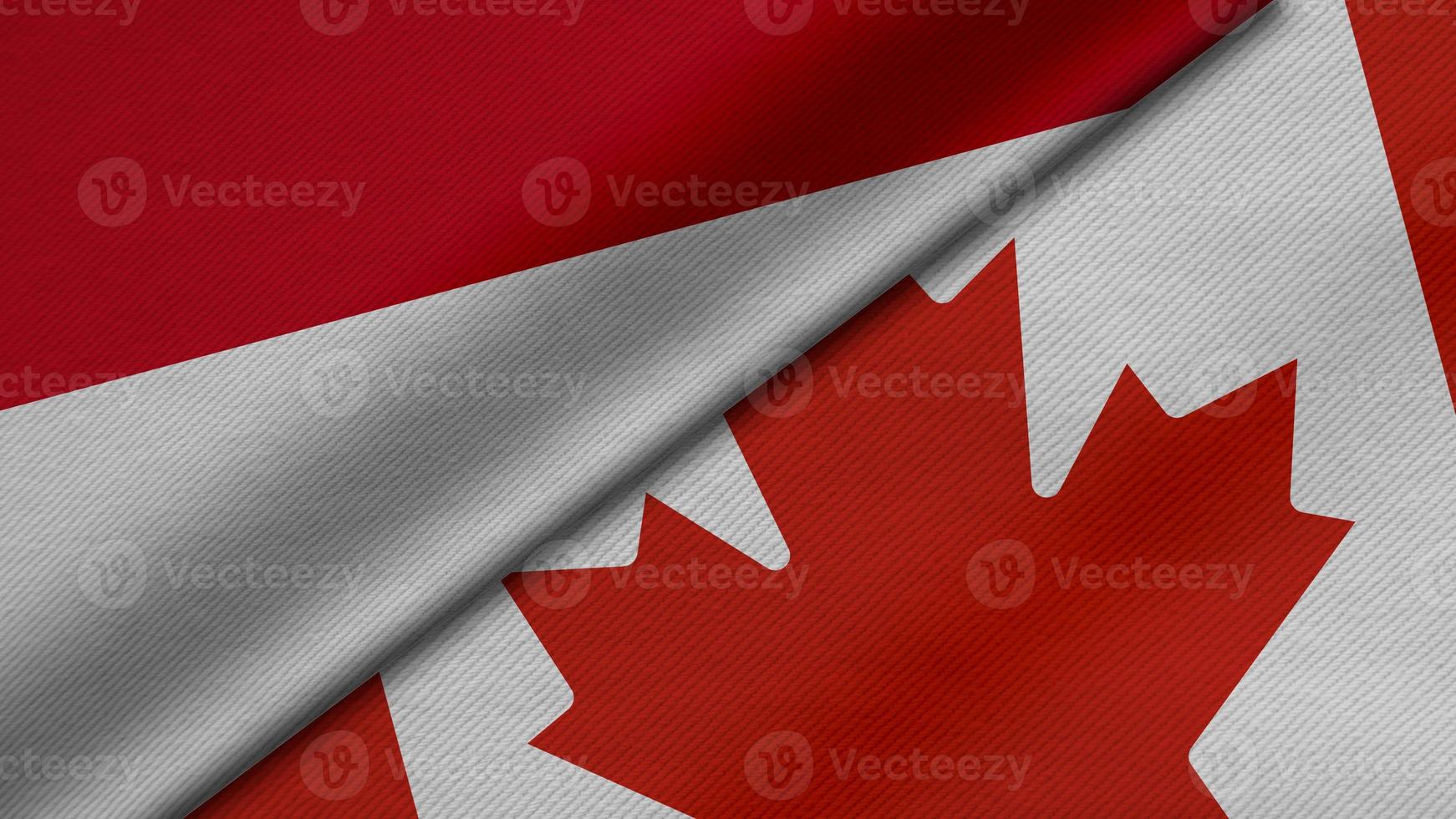 3D Rendering of two flags from Republic of Indonesia and Canada together with fabric texture, bilateral relations, peace and conflict between countries, great for background photo