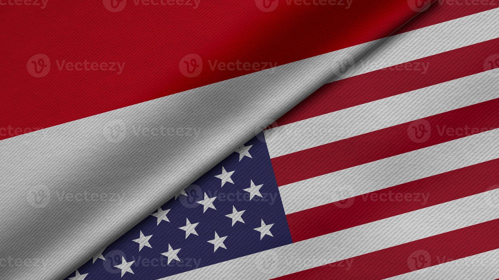 3D Rendering of two flags from Republic of Indonesia and United States of America together with fabric texture, bilateral relations, peace and conflict between countries, great for background photo