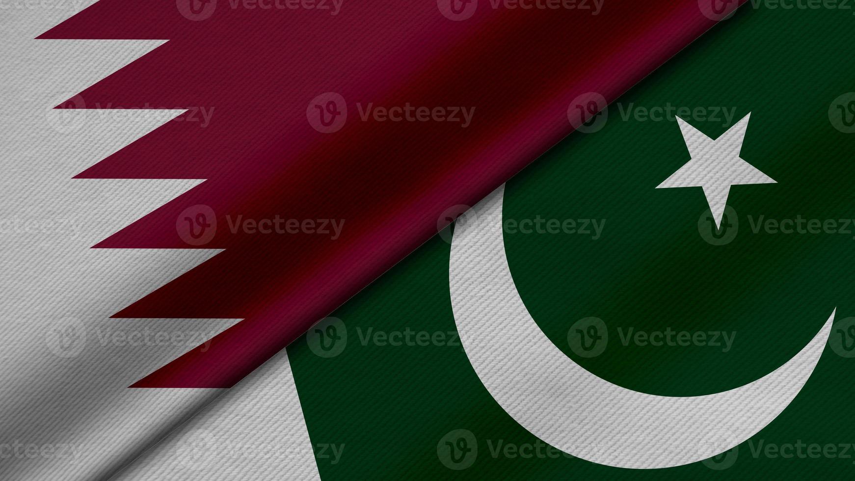 3D Rendering of two flags from State of Qatar and Republic of pakistan together with fabric texture, bilateral relations, peace and conflict between countries, great for background photo