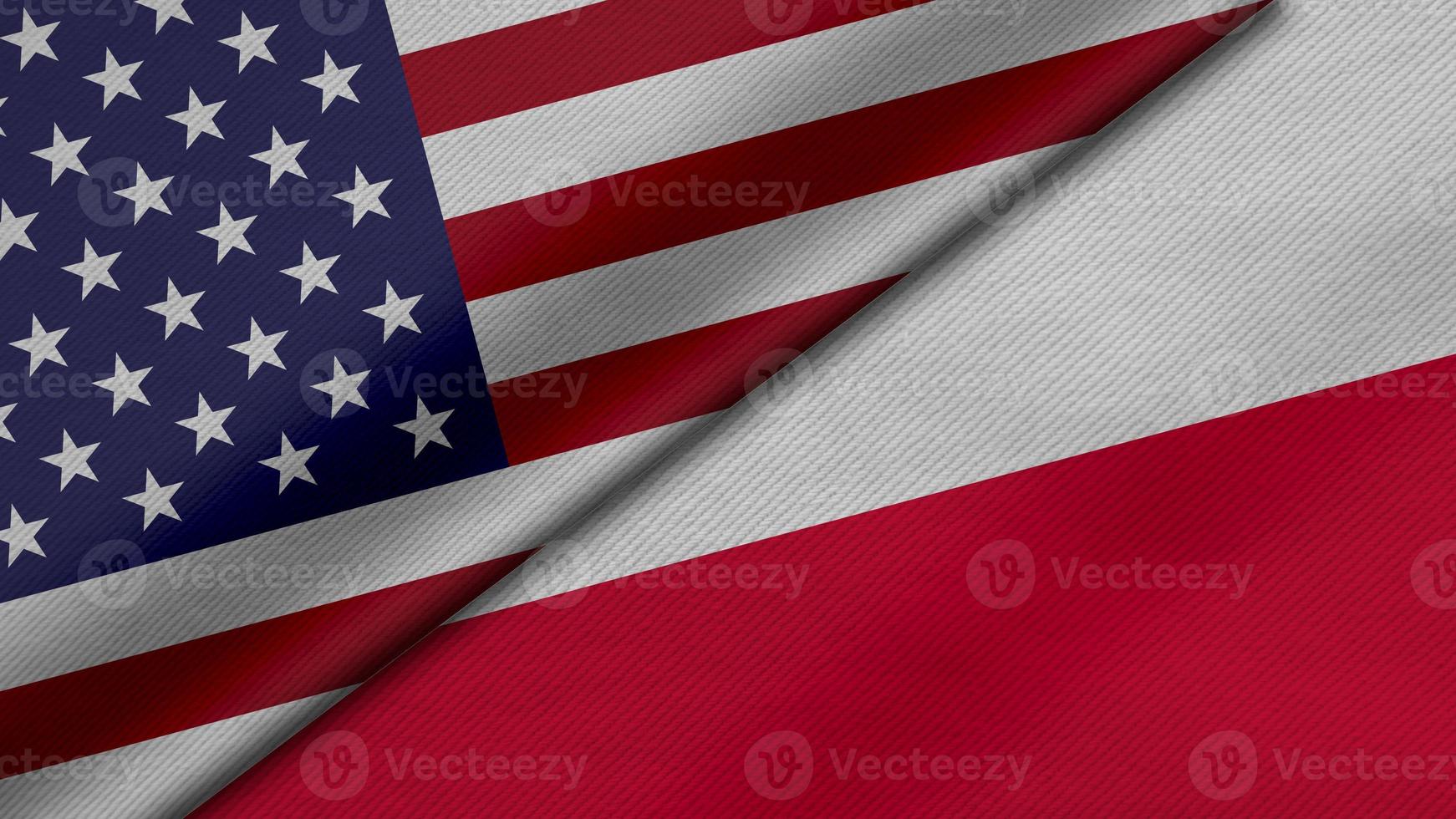 Representación 3d de dos banderas de los estados unidos de américa y la república de polonia junto con textura de tela, relaciones bilaterales, paz y conflicto entre países, genial para el fondo foto