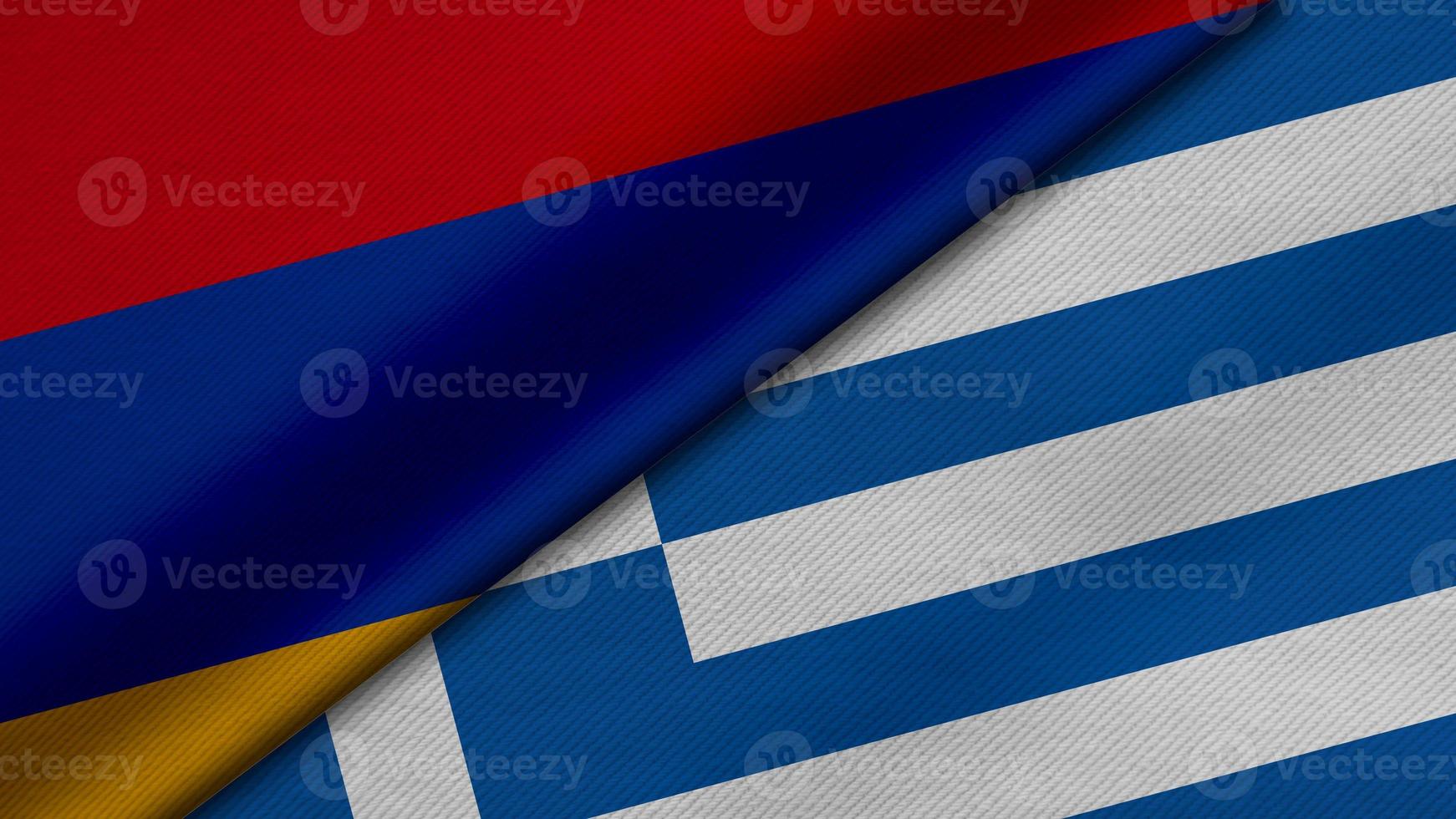 3D Rendering of two flags from Republic of Armenia and greece together with fabric texture, bilateral relations, peace and conflict between countries, great for background photo