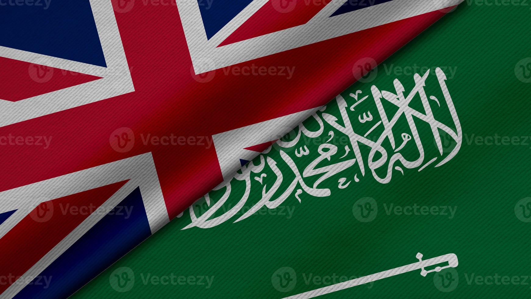 3D Rendering of two flags from United Kingdom or Britain and Saudi Arabia together with fabric texture, bilateral relations, peace and conflict between countries, great for background photo