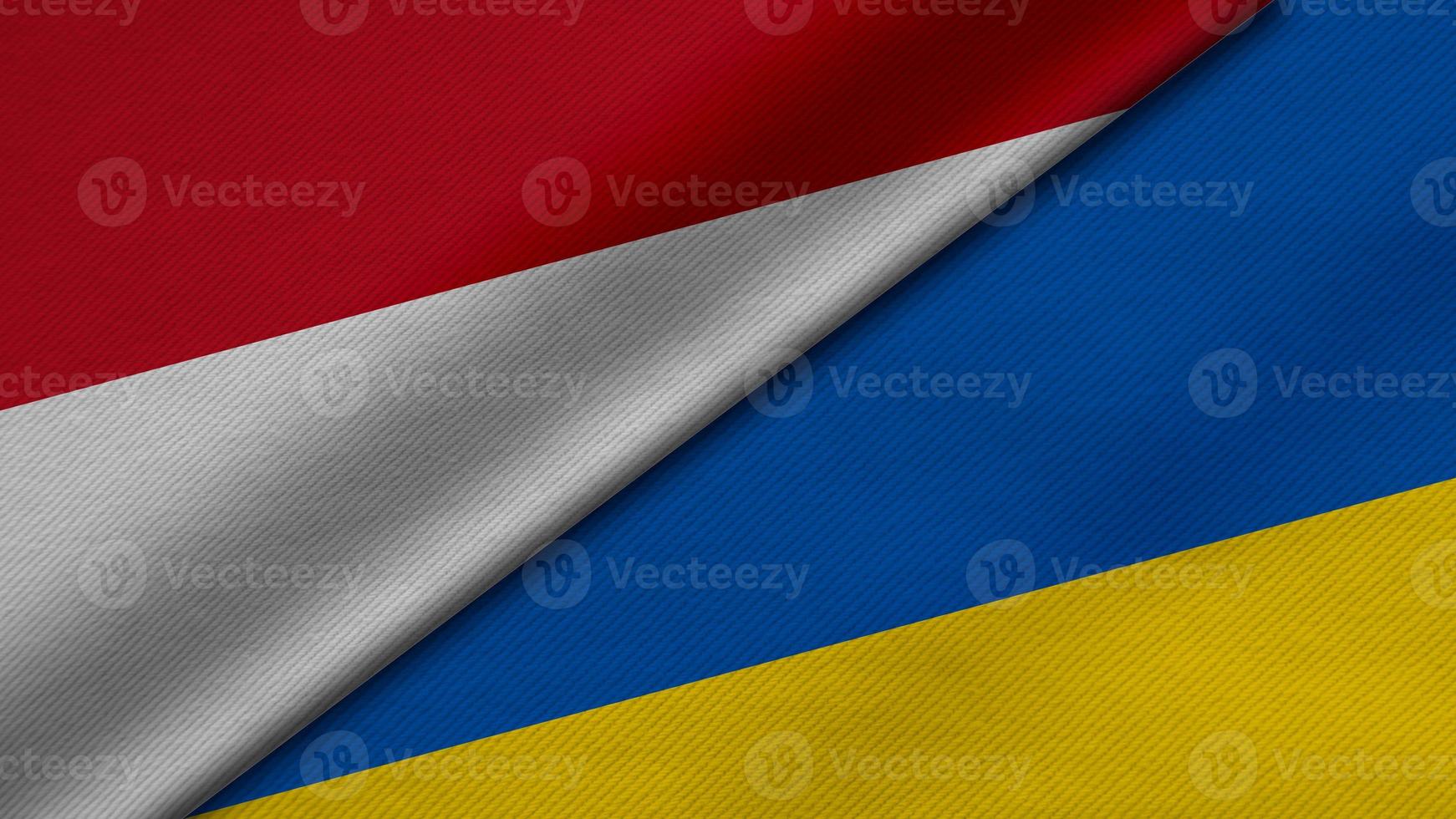 3D Rendering of two flags from Republic of Indonesia and Ukraine together with fabric texture, bilateral relations, peace and conflict between countries, great for background photo
